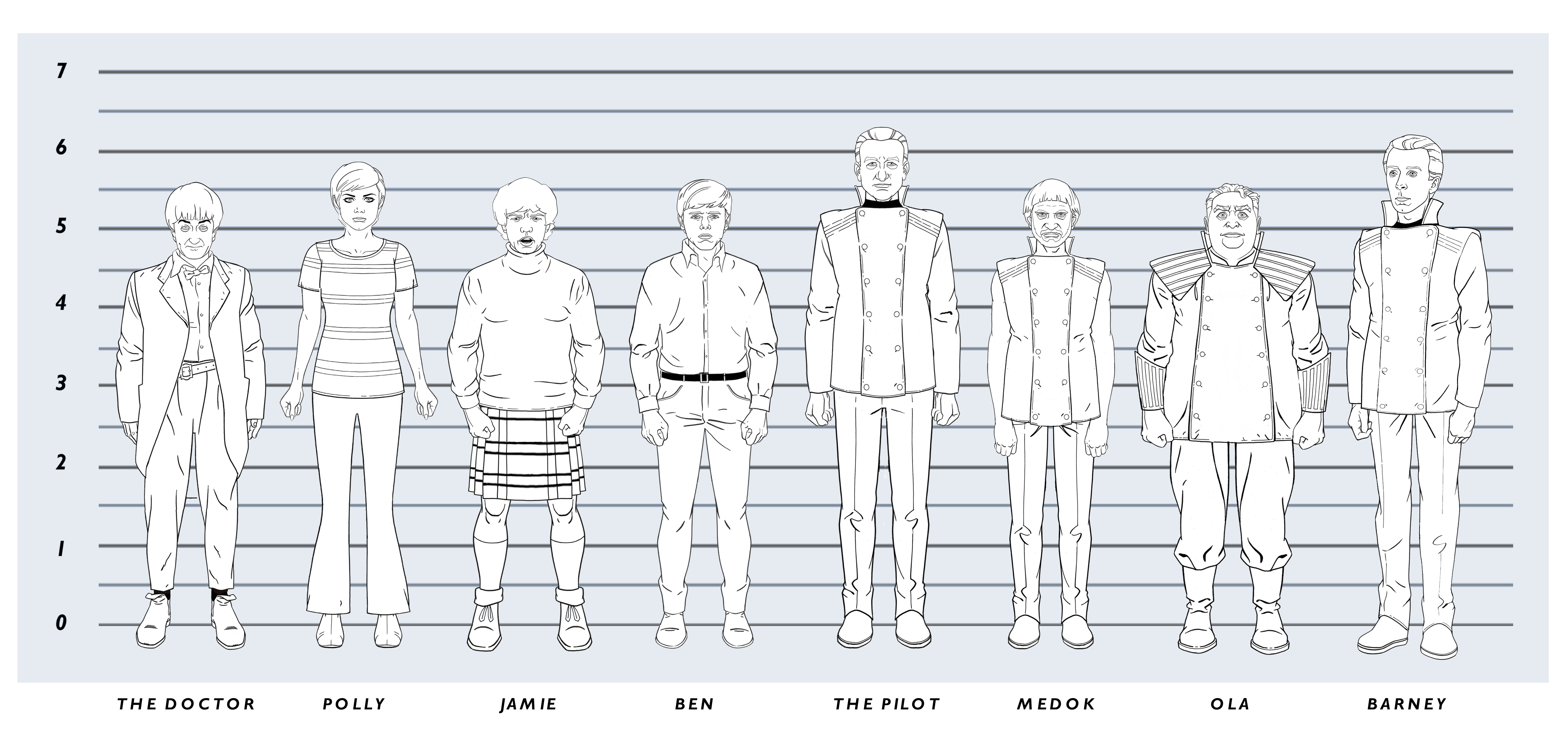 A height comparison chart created for the animators to follow during production. Artist - Martin Geraghty.