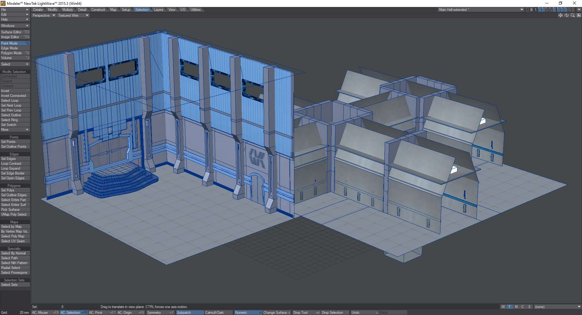 A screengrab showing Rob Ritchie's rigged model of Graham Bleathman's background elements for the main hall.